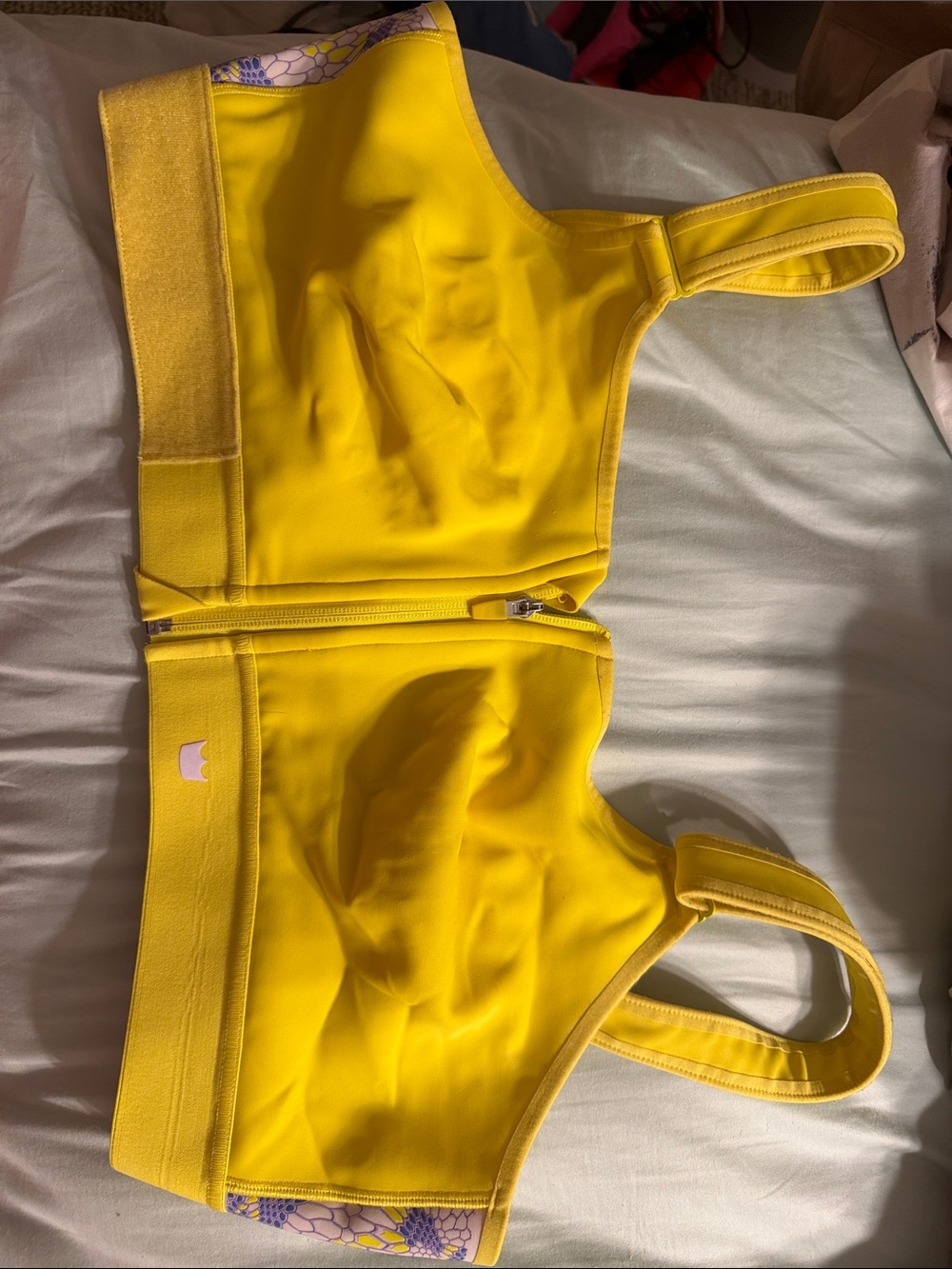 SHEFIT Bright Yellow Zip-Front Sports Bra with Purple Floral Accents